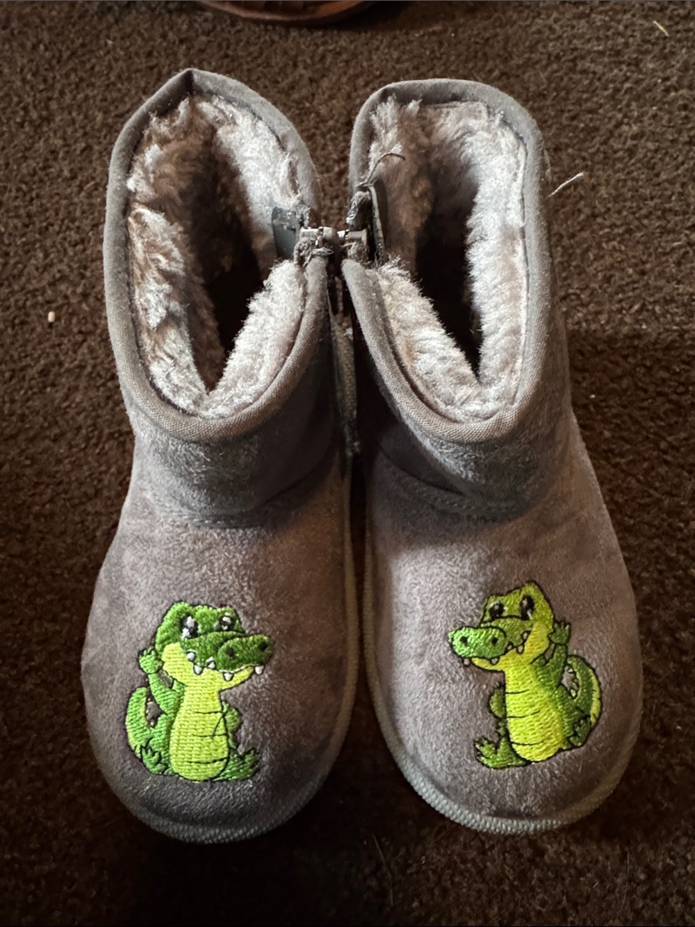 Skechers Kids Gray Plush Boots with Green Crocodile Embroidery